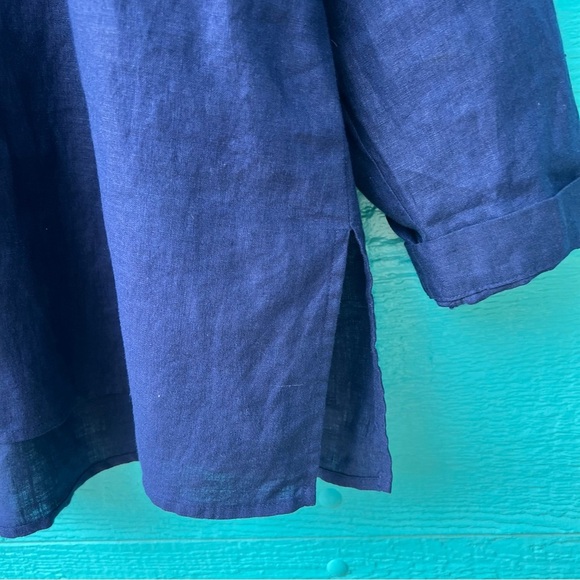 EILEEN FISHER LINEN ORGANIC MANDARIN COLLAR BUTTON DOWN SHIRT SIZE 1X NAVY BLUE - Picture 6 of 8